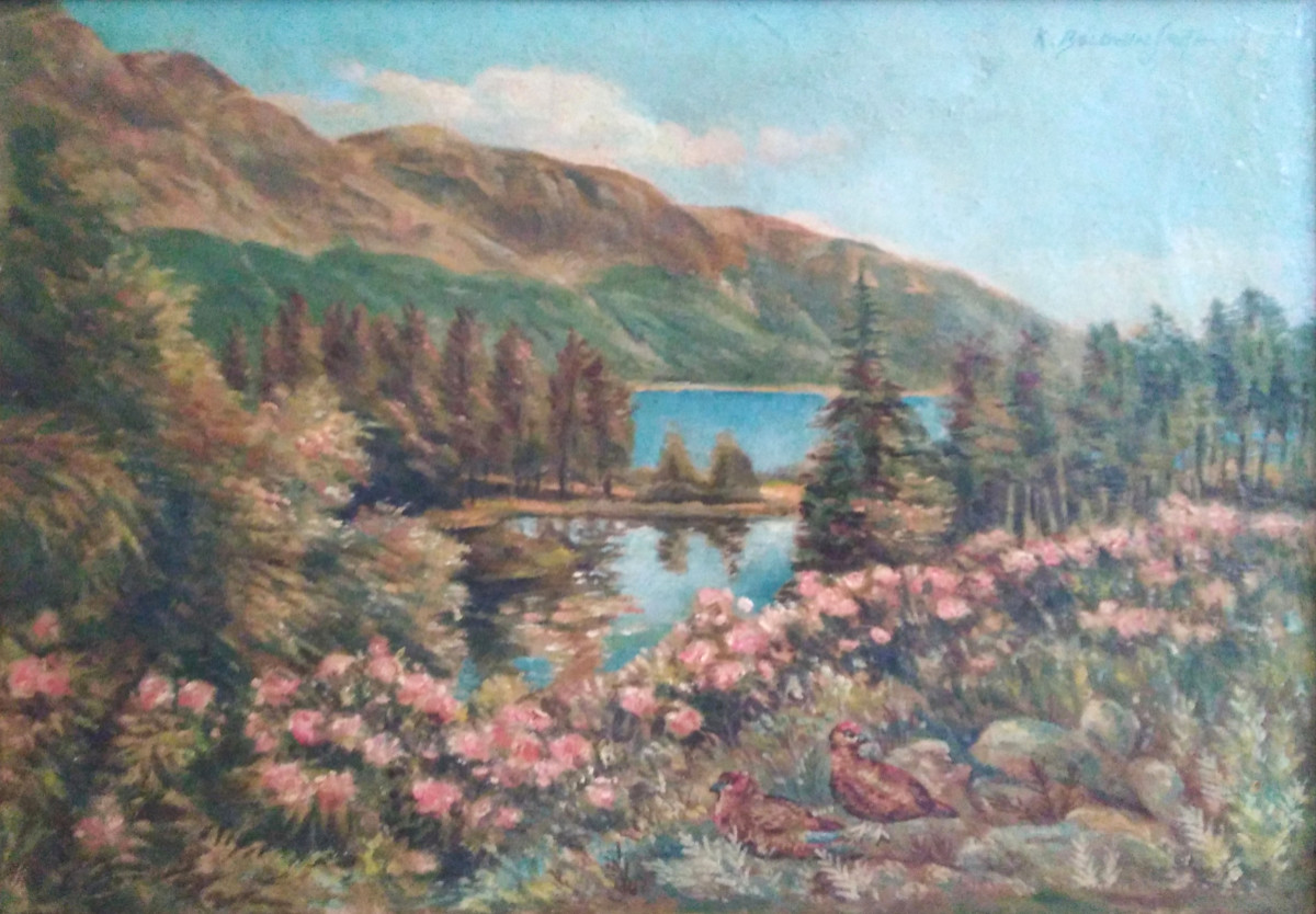 Landscape featuring grouse, oil painting