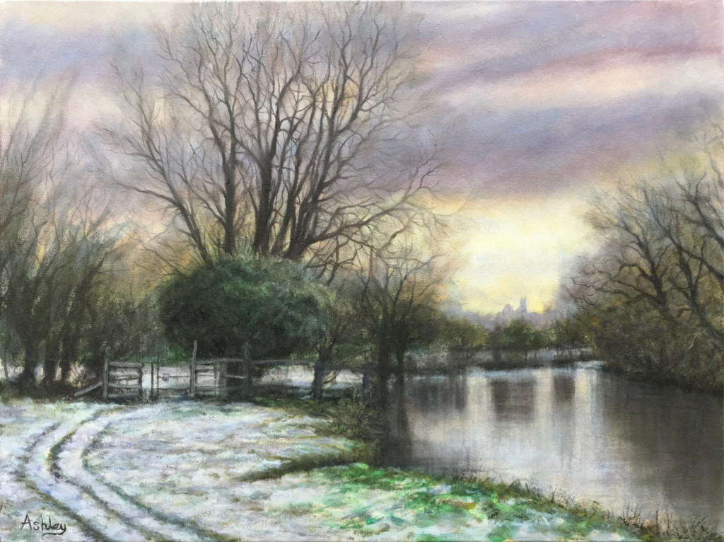 Snowscape painting, February Snow, Grantchester Meadows